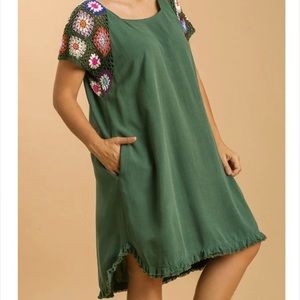 Umgee Forest Green Linen Blend Dress with Colorful Crocheted Sleeves | Large